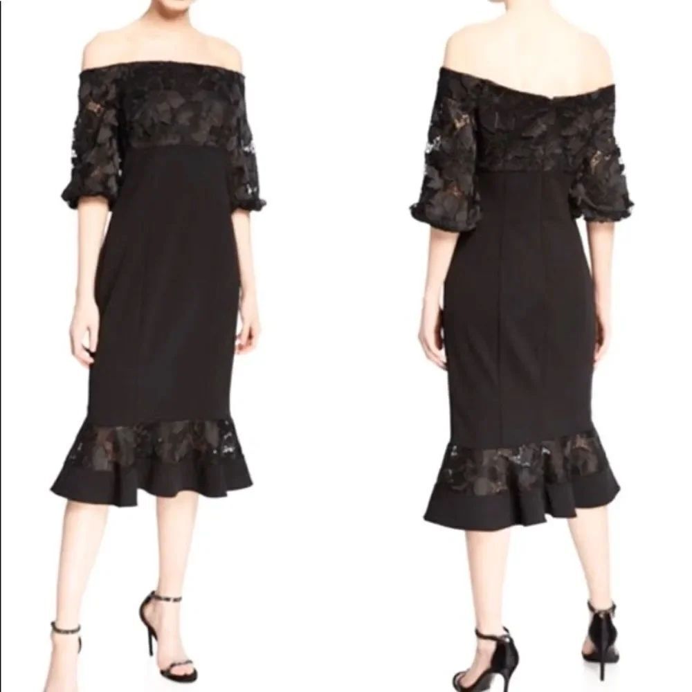 NWT Aidan Mattox black off the shoulders mermaid cocktail evening midi dress 0